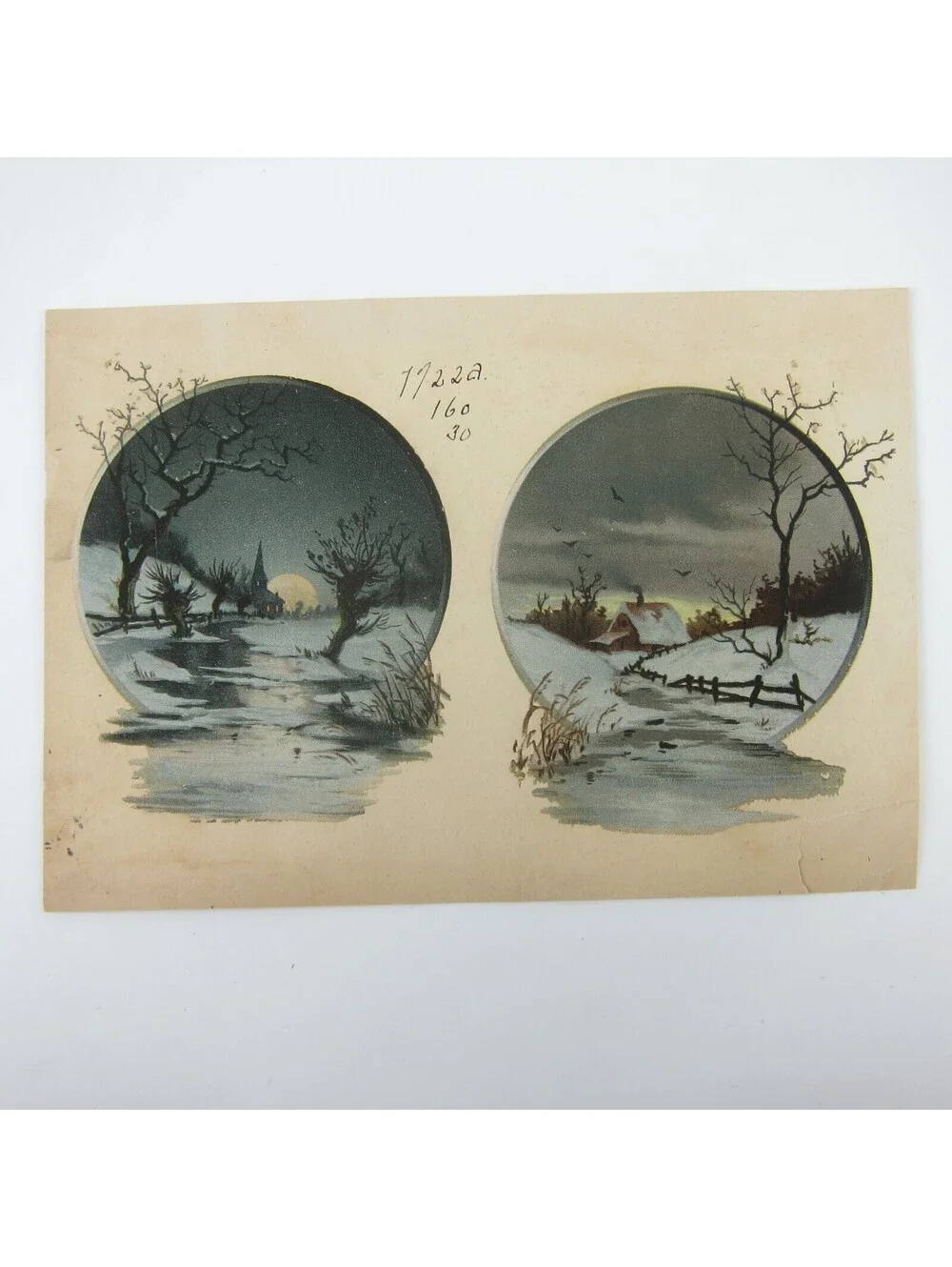 Antique Lithograph Print Samples Winter Snow Stream Night Moon Church House RARE